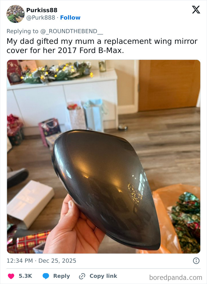Hand holding a replacement wing mirror cover for a 2017 Ford B-Max, one of the worst Xmas presents received.