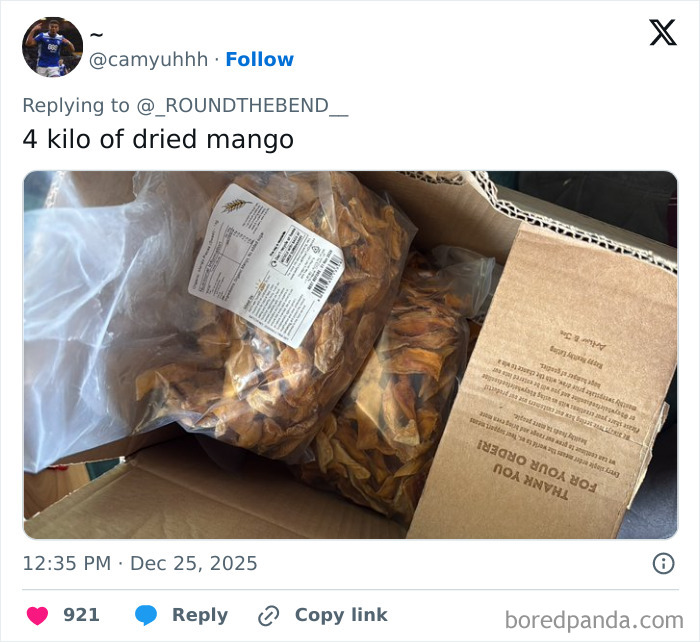 Box containing large bags of dried mango as an example of some of the worst Xmas presents people received this holiday.