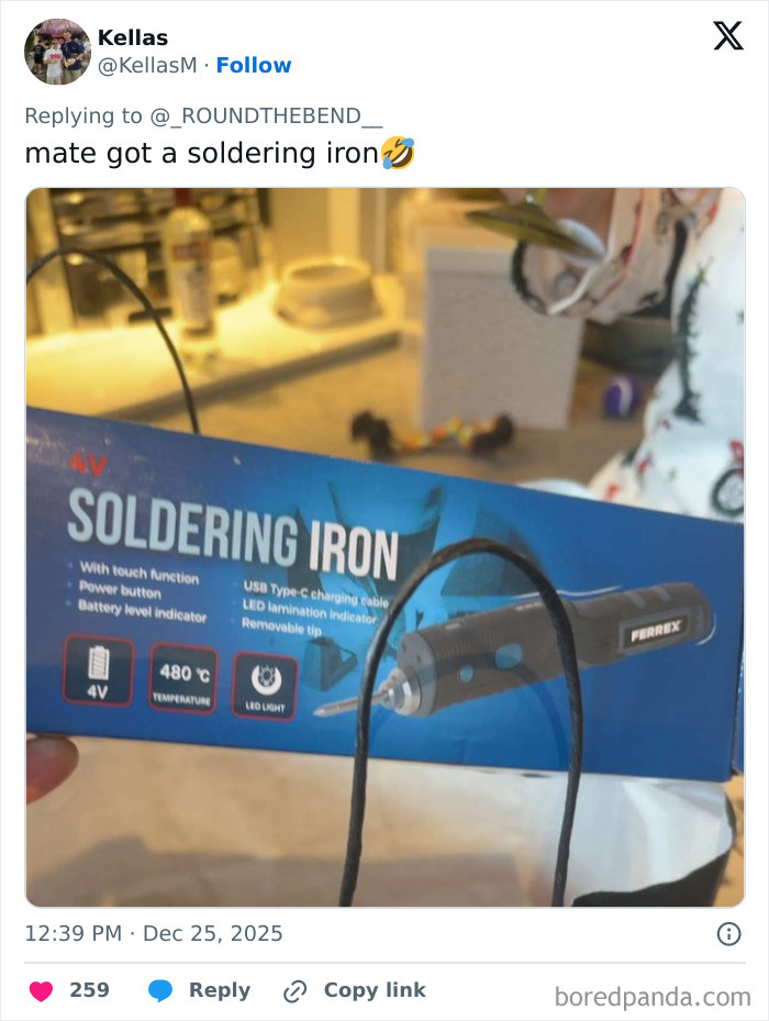 Close-up of a poorly received Christmas present showing a soldering iron box, one of the worst Xmas presents this holiday.