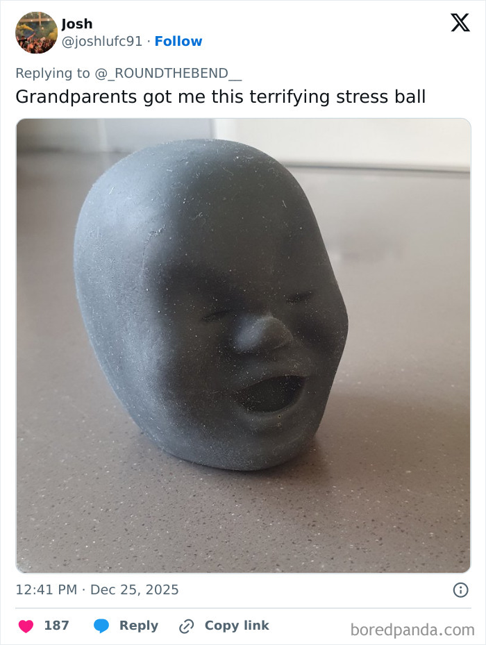 Terrifying stress ball shaped like a creepy human face, one of the worst Xmas presents people received this holiday season.