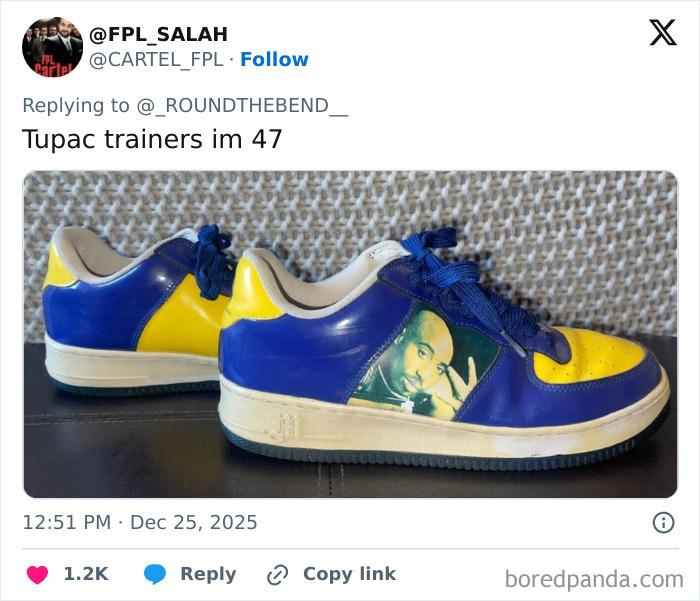 Pair of yellow and blue Tupac trainers shown as one of the worst Xmas presents people received this holiday season.