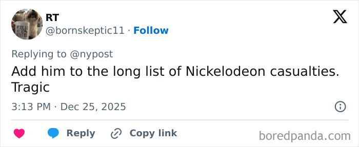 Twitter reply about Nickelodeon casualties, expressing sadness related to dad of Nickelodeon star Tylor Chase's health update. Twitter reply about Nickelodeon casualties, expressing sadness related to dad of Nickelodeon star Tylor Chase's health update.