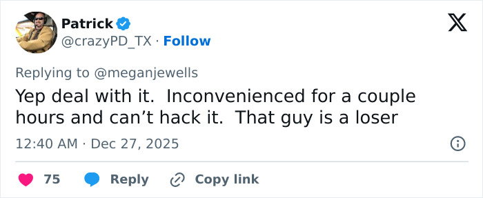 Tweet from Patrick responding to a flight seating dispute involving a man punishing a woman on a plane.
