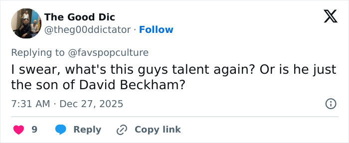 Tweet questioning a man's talent and speculating if he is David Beckham's son in an online social media reply.