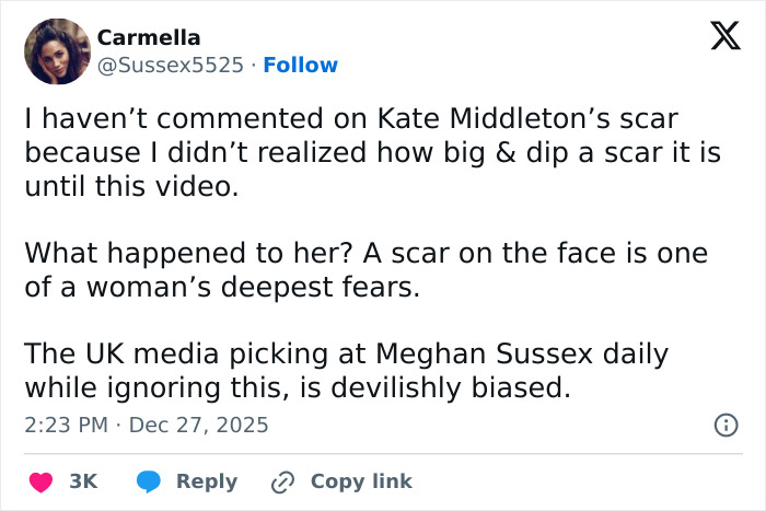 Tweet discussing Kate Middleton’s scar and conspiracy theories during a Christmas appearance sparking wild rumors.