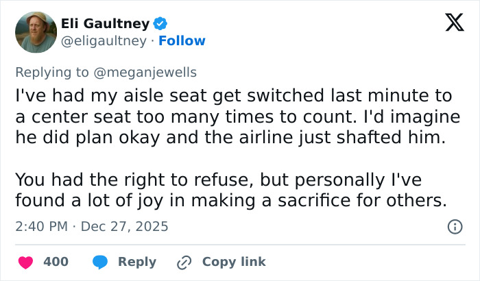Tweet about man punished for not switching seats on flight sparking internet debate on seat changes and passenger rights.