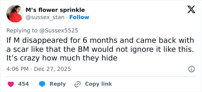 Tweet discussing Kate Middleton's scar during Christmas appearance, fueling cancer and conspiracy theories online. Tweet discussing Kate Middleton's scar during Christmas appearance, fueling cancer and conspiracy theories online.