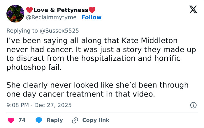 Tweet claiming Kate Middleton never had cancer, sparking wild conspiracy theories about her scar and health.