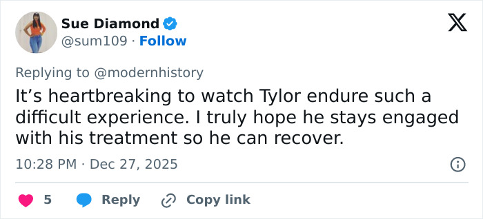 Tweet by Sue Diamond expressing concern for former child actor Tylor Chase’s struggles and hope for his recovery through treatment. Tweet by Sue Diamond expressing concern for former child actor Tylor Chase’s struggles and hope for his recovery through treatment.