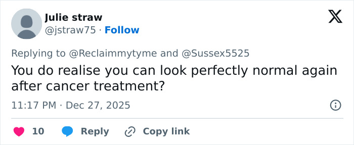 Tweet discussing cancer treatment and questioning assumptions about recovery, related to Kate Middleton scar conspiracy theories.