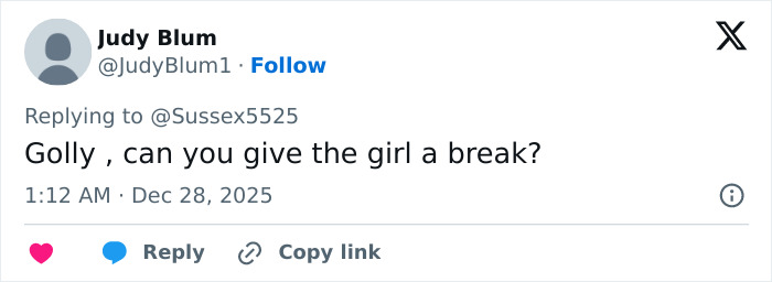 Tweet by Judy Blum replying to another user, discussing reactions related to Kate Middleton's scar video and conspiracy theories.