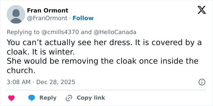 Screenshot of a tweet discussing a satin bed sheet and a wedding dress hidden under a winter cloak. Screenshot of a tweet discussing a satin bed sheet and a wedding dress hidden under a winter cloak.