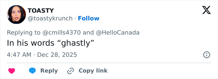 User&rsquo;s tweet reply with the word ghastly, posted at 4:47 AM on December 28, 2025, referencing a discussion on Twitter.