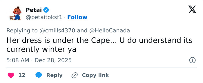 Screenshot of a tweet discussing the wedding dress under the cape during winter, relating to a satin bed sheet topic. Screenshot of a tweet discussing the wedding dress under the cape during winter, relating to a satin bed sheet topic.