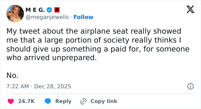 Screenshot of a tweet about airplane seat disputes sparking internet debate over man punishing woman for not switching seats.