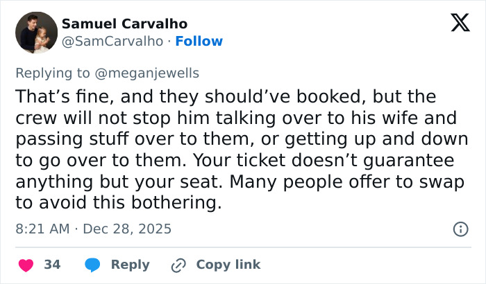 Tweet discussing a man allegedly punishing a woman for not switching seats on a flight, sparking internet division.