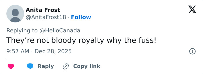 Tweet by Anita Frost commenting on a wedding, expressing opinion about the attention on the event and dress buzz.