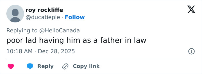 Tweet reply about father-in-law, displayed on a social media platform with user profile and interaction icons.