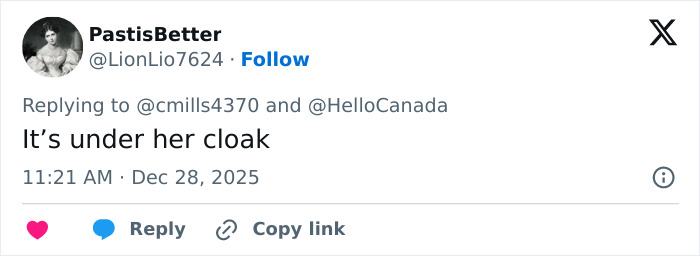 Tweet from user PastisBetter replying about a satin bed sheet mentioning it is under her cloak in a short message. Tweet from user PastisBetter replying about a satin bed sheet mentioning it is under her cloak in a short message.