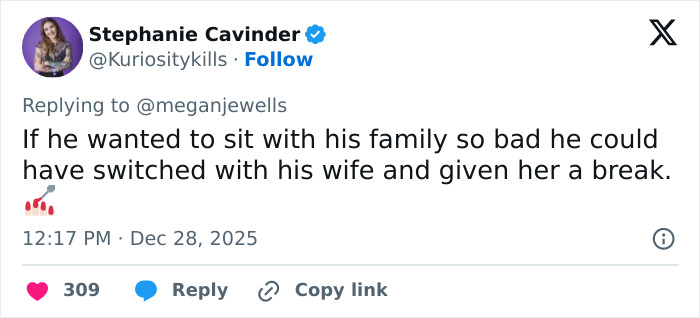 Screenshot of a social media reply discussing a man punishing a woman for not switching seats on a flight.