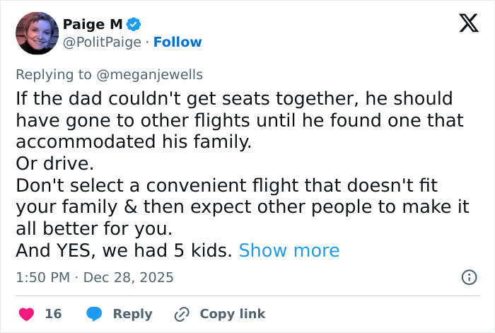 Screenshot of a Twitter reply discussing seat arrangements on flights related to a woman and man dispute.