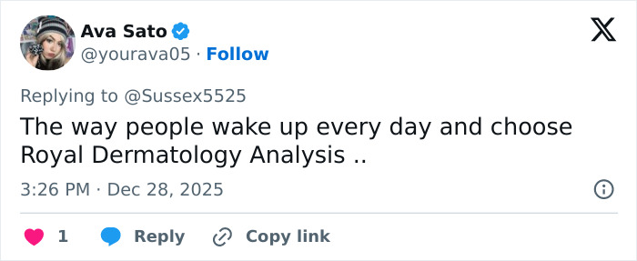 Twitter post by Ava Sato discussing royal dermatology analysis amid Kate Middleton scar conspiracy theories. Twitter post by Ava Sato discussing royal dermatology analysis amid Kate Middleton scar conspiracy theories.