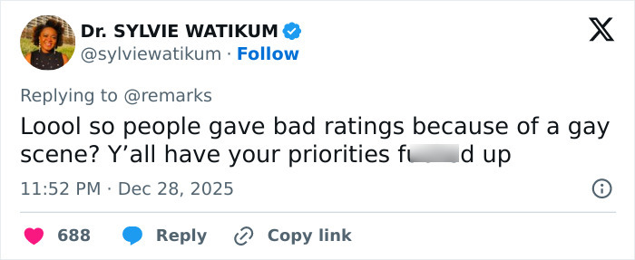 Tweet from Dr. Sylvie Watikum reacting to bad ratings for Stranger Things 5 due to a controversial scene, sparking online debate.