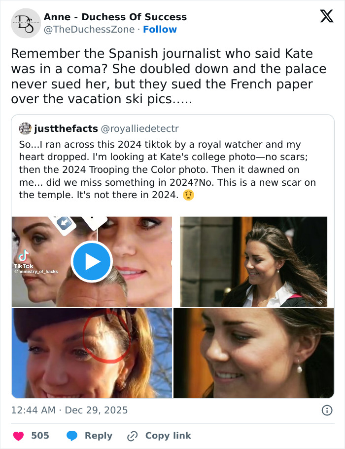 Kate Middleton's facial scar sparks rumors about the seriousness of her 2024 hospitalization and health concerns.