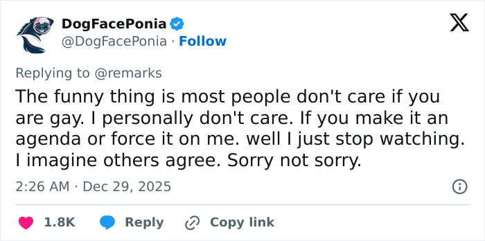 Tweet by DogFacePonia reacting to opinions on LGBTQ+ themes in Stranger Things 5 following a comically bad and cringe episode online. Tweet by DogFacePonia reacting to opinions on LGBTQ+ themes in Stranger Things 5 following a comically bad and cringe episode online.
