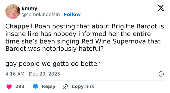 Screenshot of a social media post discussing backlash against Chappell Roan over a Brigitte Bardot statement. Screenshot of a social media post discussing backlash against Chappell Roan over a Brigitte Bardot statement.