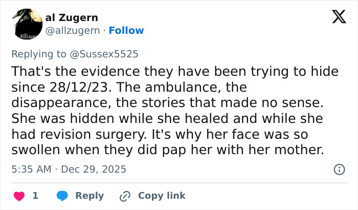 Tweet discussing theories about Kate Middleton's scar and hidden health issues during Christmas appearance. Tweet discussing theories about Kate Middleton's scar and hidden health issues during Christmas appearance.