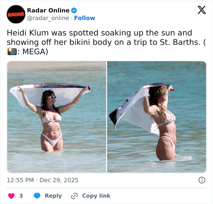 Heidi Klum enjoying the sun and water on St. Barths getaway, showcasing her beach look and natural style.