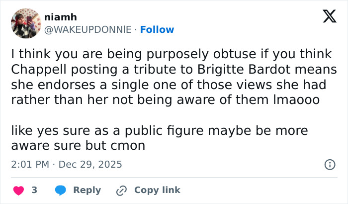 Tweet discussing backlash faced by Chappell Roan over controversial Brigitte Bardot post and public awareness of its implications.