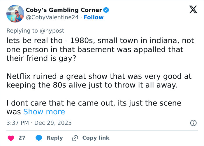 Tweet criticizing Stranger Things 5, highlighting comically bad and cringe moments in the penultimate episode. Tweet criticizing Stranger Things 5, highlighting comically bad and cringe moments in the penultimate episode.