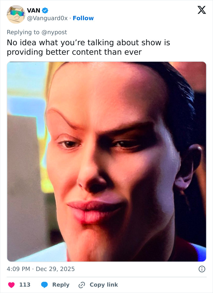 Close-up of a distorted face meme used in online discussions roasting Stranger Things 5 for comically bad content.