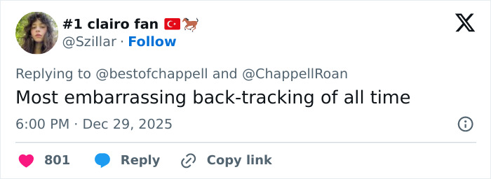 Twitter user replying to Chappell Roan, calling her response the most embarrassing back-tracking amid backlash over Bardot post.