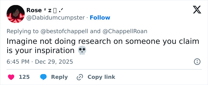 Tweet replying to Chappell Roan with criticism about lack of research amid backlash over Brigitte Bardot post.