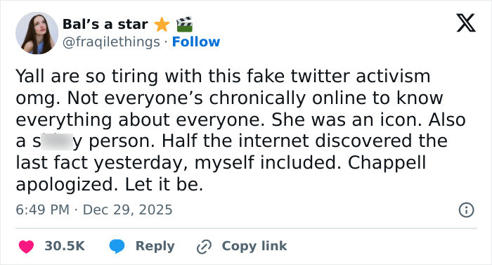 Tweet criticizing fake activism and discussing Chappell Roan's backlash over Brigitte Bardot social media post.