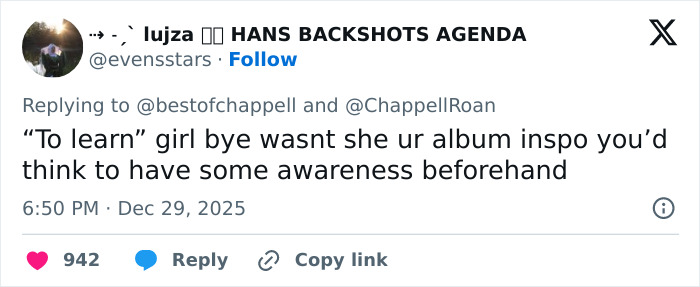 Screenshot of a Twitter reply criticizing Chappell Roan’s Brigitte Bardot post amid backlash over the content. Screenshot of a Twitter reply criticizing Chappell Roan’s Brigitte Bardot post amid backlash over the content.