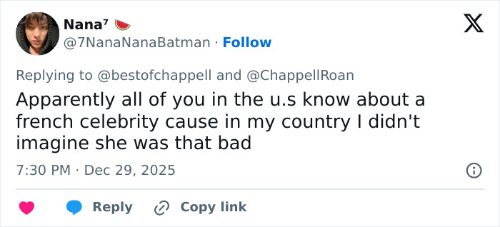Screenshot of a tweet reacting to backlash faced by Chappell Roan over a controversial Brigitte Bardot post. Screenshot of a tweet reacting to backlash faced by Chappell Roan over a controversial Brigitte Bardot post.