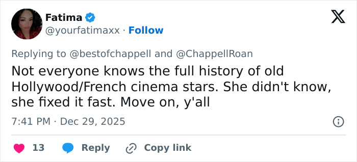Screenshot of a tweet defending Chappell Roan amid backlash over her Brigitte Bardot post on social media.