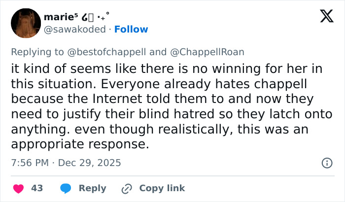 Twitter user comments on Chappell Roan facing backlash over Brigitte Bardot post amid widespread criticism online.
