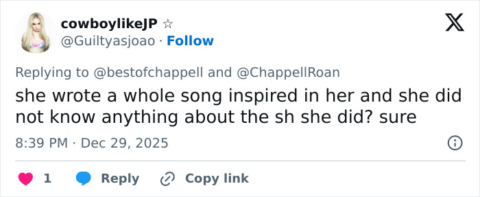Tweet screenshot showing a user commenting on Chappell Roan facing backlash over a Brigitte Bardot inspired song.