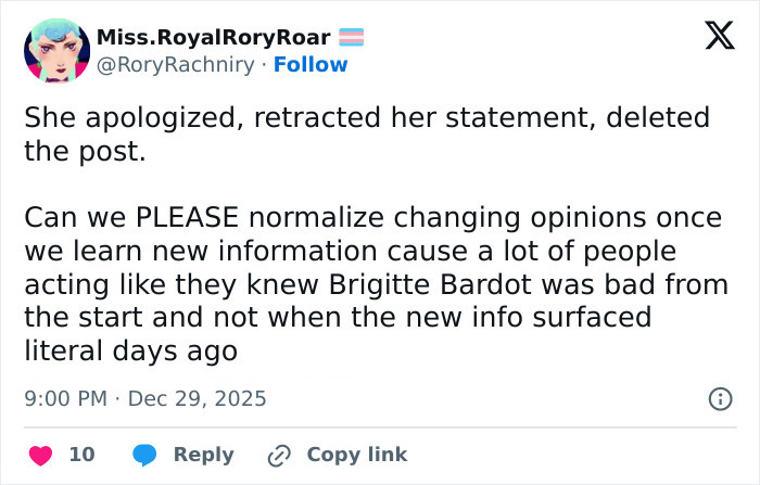 Tweet discussing Chappell Roan apologizing and deleting post amid backlash over Brigitte Bardot comments in a social media thread.