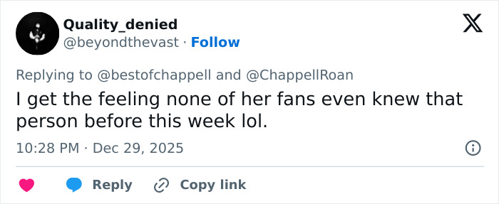 Tweet from user Quality_denied replying to Chappell Roan, discussing fan reactions amid backlash over Brigitte Bardot post.