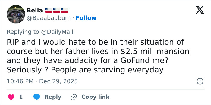 Tweet discussing a sorority girl&rsquo;s tragic Christmas Eve accident at her family&rsquo;s multi-million dollar mansion.