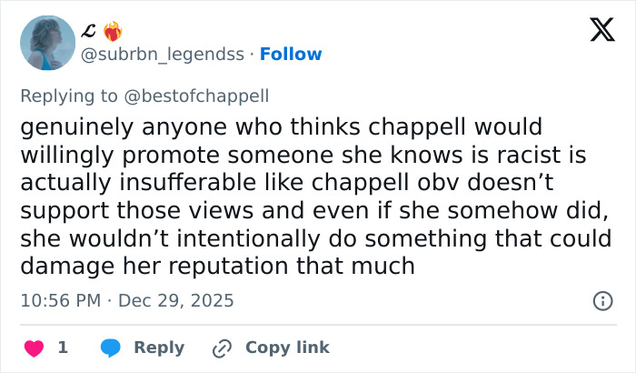 Twitter user defending Chappell Roan amid backlash over Brigitte Bardot post on social media platform. Twitter user defending Chappell Roan amid backlash over Brigitte Bardot post on social media platform.