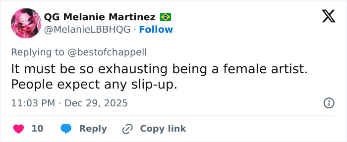 Tweet from user QG Melanie Martinez reacting to backlash faced by Chappell Roan over Brigitte Bardot post.