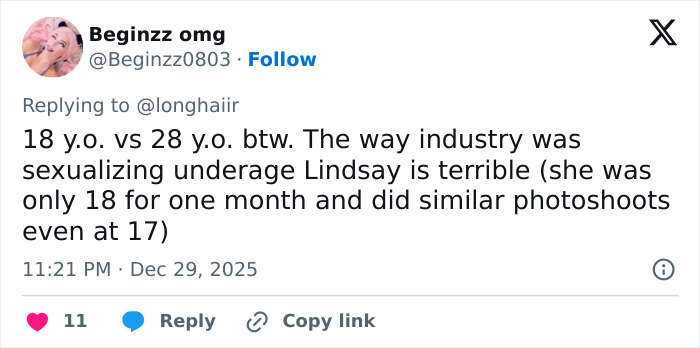 Tweet discussing the comparison between Sydney Sweeney and Lindsay Lohan highlighting industry issues with sexualizing underage stars.