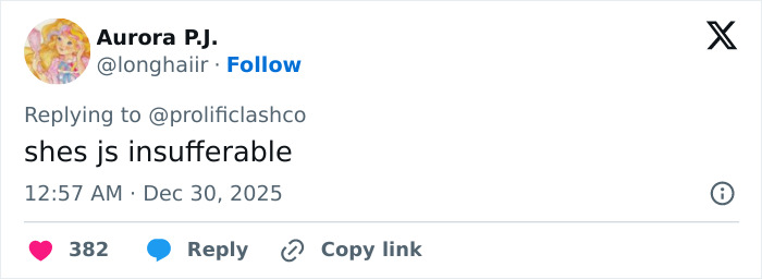 Tweet from Aurora P.J. replying with "shes js insufferable" amid Sydney Sweeney and Lindsay Lohan comparison reactions. Tweet from Aurora P.J. replying with "shes js insufferable" amid Sydney Sweeney and Lindsay Lohan comparison reactions.